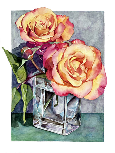 Two Roses in Glass, watercolor by Sally Robertson